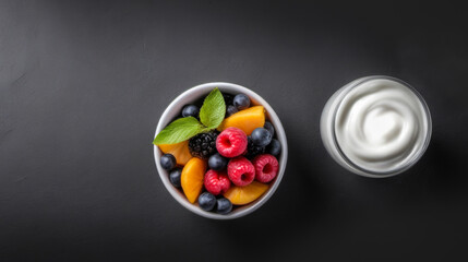 Creamy Yogurt Adorned with Fresh Raspberries Blueberries top view, Set Against Contrasting Dark Backdrop Offering Copy Space for Advertising Content