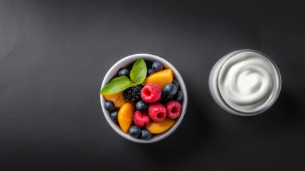 Fototapeta premium Creamy Yogurt Adorned with Fresh Raspberries Blueberries top view, Set Against Contrasting Dark Backdrop Offering Copy Space for Advertising Content