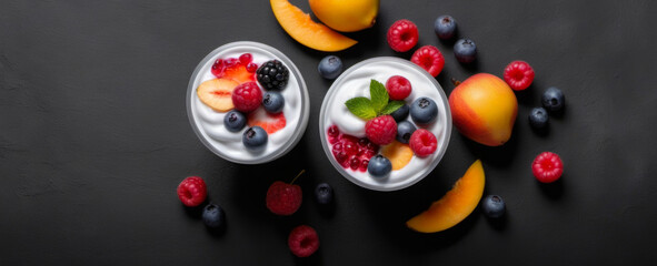 Creamy Yogurt Adorned with Fresh Raspberries Blueberries top view, Set Against Contrasting Dark Backdrop Offering Copy Space for Advertising Content