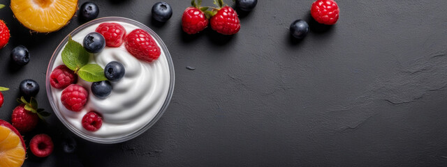 Fresh Yogurt Bowl with Raspberries Blueberries Top View on Dark Background, Banner, Copy Space for Text or Design Elements