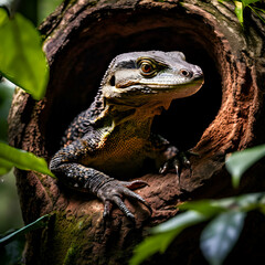 Obraz premium monitor lizard perches from a tree hollow at the botanic garden