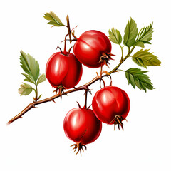 wild red rose hips on thorny twig with green leaves isolated on white background rosa canina reali ,generate ai