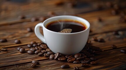 Steaming black coffee in a white cup with a natural swirl, surrounded by coffee beans on a weathered wooden background