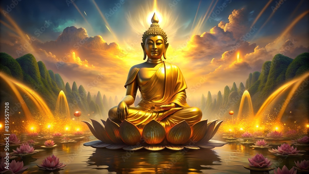 Wall mural Thai golden buddha statue and lotus flower. heaven background