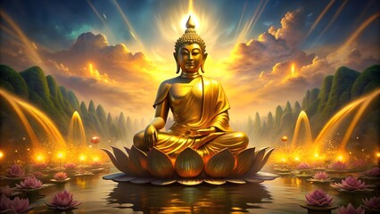 Thai golden buddha statue and lotus flower. heaven background