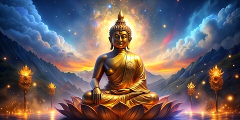 Thai golden buddha statue and lotus flower. heaven background