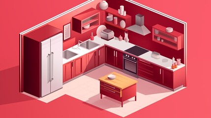 Vector concept of a 3D isometric kitchen interior design with ruby color wall, modern minimalist style