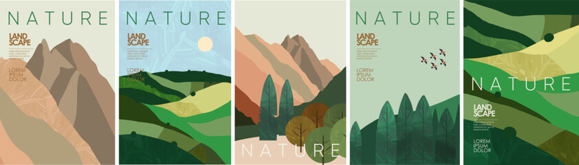 Abstract nature and landscape. Vector stylized minimalistic modern illustration of landscape, nature, tree, field, hill, village for poster, background and pattern © Ardea-studio