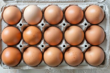 Top view of brown chicken eggs in a carton
