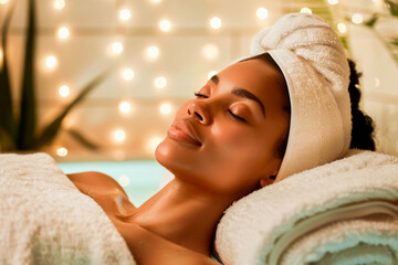 A serene moment of relaxation and beauty as a woman enjoys a spa treatment with a towel wrapped around her head, showcasing luxury and wellness.