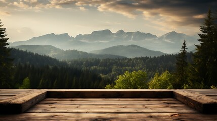 rustic wooden podium, in an outdoor setting with mountains and trees in the background, mood of nature and tranquility