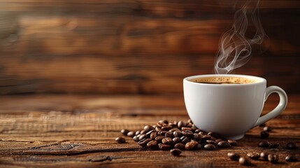 White coffee cup filled with steaming black coffee and a natural swirl, with beans scattered on a wooden background