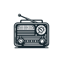 the vintage radio. Black white vector illustration.