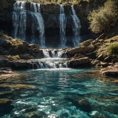 Naklejka premium A picnic at the edge of a sparkling waterfall cascading into a crystal-clear pool.