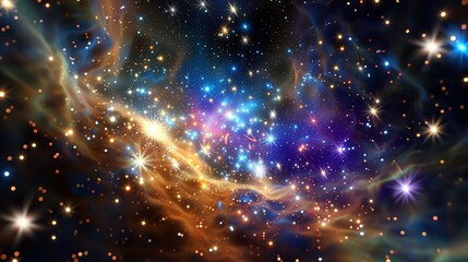 A bright and vivid 3D rendering of a distant star cluster, with sparkling stars and swirling colors creating a whirlwind of energy.