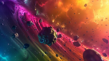 A colorful 3D rendering of a distant planetary system, with swirling asteroids and vibrant colors creating an atmospheric scene.