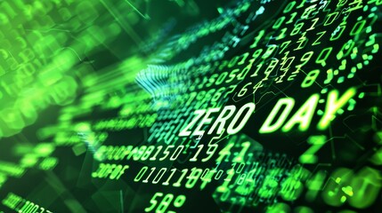 Digital Urgency - Abstract Binary Code Background with Bold "ZERO DAY" Text in Green Tones | Conceptual Cybersecurity Design