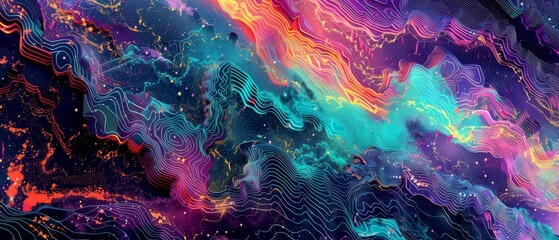 Vibrant abstract painting with a galaxy-like theme, featuring bright, swirling colors of blue, purple, and orange.