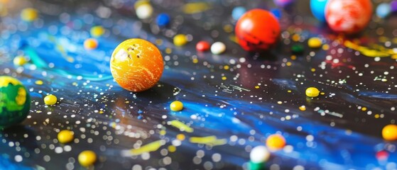 Fototapeta premium Vibrant abstract painting with colorful spheres on a dynamic, textured background, representing a cosmic scene.