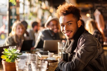 A smiling young man in a casual coffee shop setting, surrounded by friends, enjoying a relaxed and positive atmosphere.