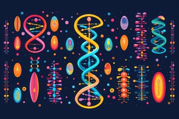 Obraz premium Colorful abstract representation of DNA structure and genetic elements against a dark background.