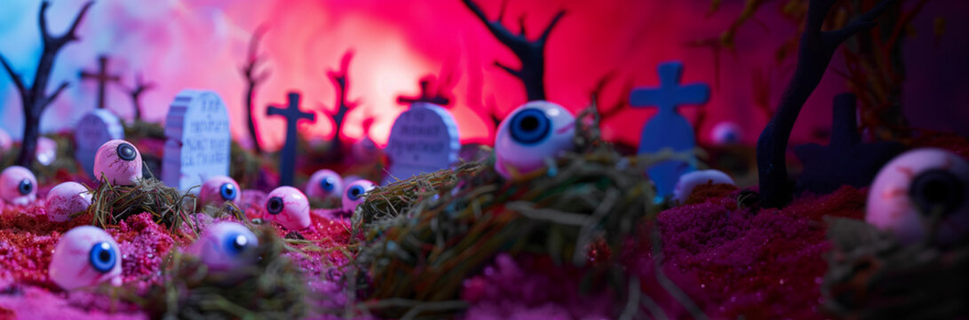 Spooky retro eyeballs on grave soil with bright red sky graveyard tombstone cross background for Halloween banner night ghoulish cool horror movie eeire creepy vibes creative party ad campaign fun 
