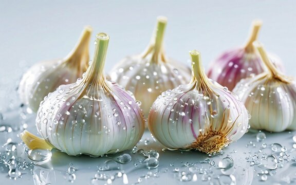 Close-up macro of garlic wet by water drops on white background