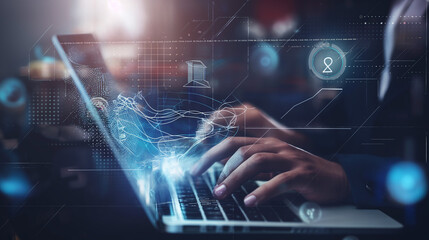 Within the confines of a bustling tech support office, a software engineer sits at their desk, laptop open and multiple screens displaying network diagnostics and customer inquiries.