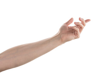 Young adult man hand touch or click something isolated on white