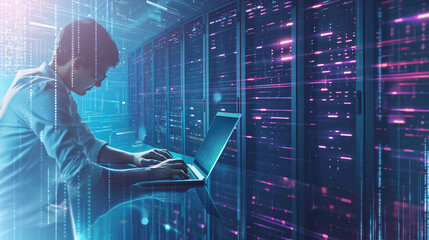 A young man  server room, a computer engineer is deeply immersed in their work, the engineer's laptop displaying intricate network diagrams and performance metrics.