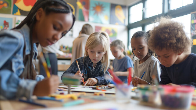  Amidst the lively atmosphere of a bustling classroom filled with art supplies, a group of children eagerly engages in an art project under the watchful eye of their teacher.