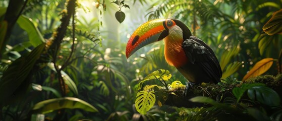 Obraz premium Vibrant toucan perched on lush tropical foliage in a sunlit rainforest, showcasing its colorful beak and striking features in natural habitat.