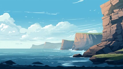 A stunning coastal scene with towering cliffs, serene ocean waves, and a bright blue sky with scattered clouds.