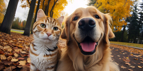 A funny dog and cat making selfie together. Autmn landscape