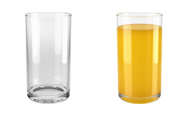 Set of glasses of fruit juice isolated on white. One clear empty glass and one glass with yellow juice. 3d illustration