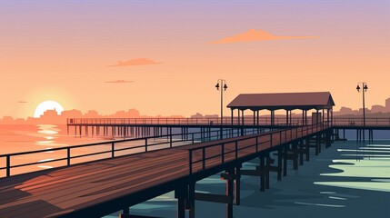 Digital illustration of a serene pier at sunset, showcasing a tranquil waterside view with warm hues and silhouette of structures.
