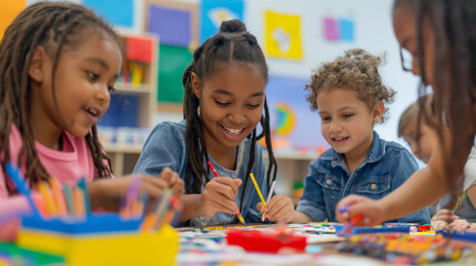 Fototapeta premium Them with a warm smile, while the children focus intently on their creative tasks, expressing themselves through paint, markers, and paper the teacher guides.