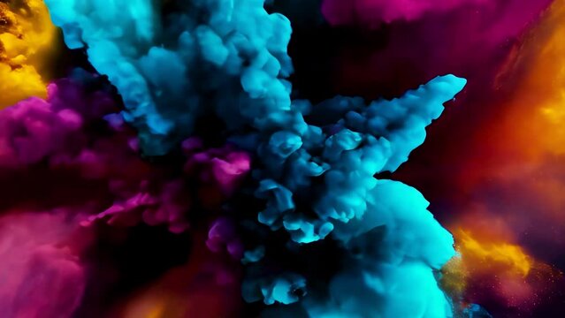 Colorful bright dust explotion on dark background. Abstract 4k footage