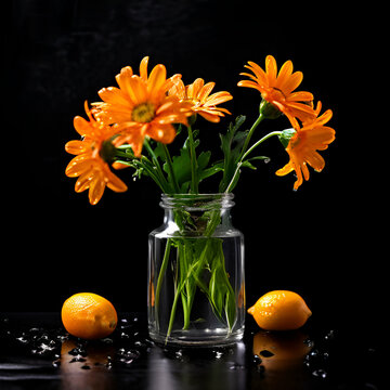 a vase with water droplets and flowers in it on a table top with a black background and a few drops,generate ai