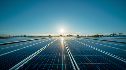  The rooftop of a green eco-industry building features solar panels that glisten in the sunlight, seamlessly integrating with the contemporary architecture, the building's design 