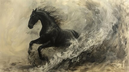 A wild black horse is running through a stormy sea