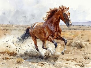 A wild horse runs free in the open desert