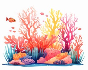 Vibrant coral reef with colorful corals and fishes in underwater scene, showcasing marine life in a beautiful and natural environment.