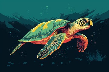 Vibrant illustration of a sea turtle swimming underwater with a colorful shell, against a dark ocean background.