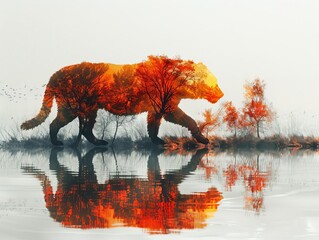 The tiger is walking in the water. The reflection of the tiger in the water.