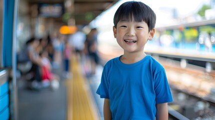 Young Asian Boy Smiling Happily at Train Station Platform