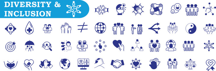 Diversity inclusion icons on white, blue banner. Symbols for equality, unity, disability, gender, peace, teamwork, community, education, corporate culture