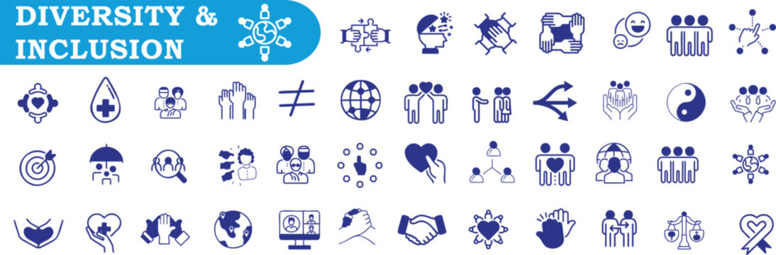 Diversity inclusion icons on white, blue banner. Symbols for equality, unity, disability, gender, peace, teamwork, community, education, corporate culture