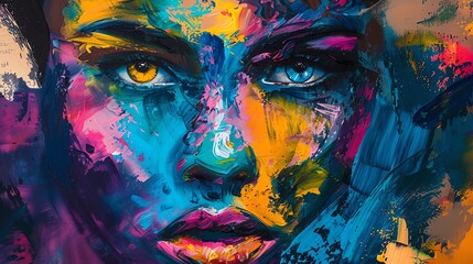 Craft a striking frontal view abstract portrait using vibrant acrylic colors on canvas, capturing raw emotions with bold, dynamic brushstrokes and layers of texture