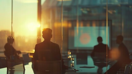 A group of business professionals are sitting in a conference room, looking at a presentation. The sun is setting outside the window, casting a warm glow over the room.